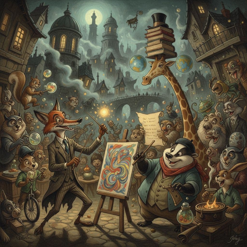 AI generated: style of disney animation, pre-world war ii school of paris, 32k uhd, character caricatures, mysteri...