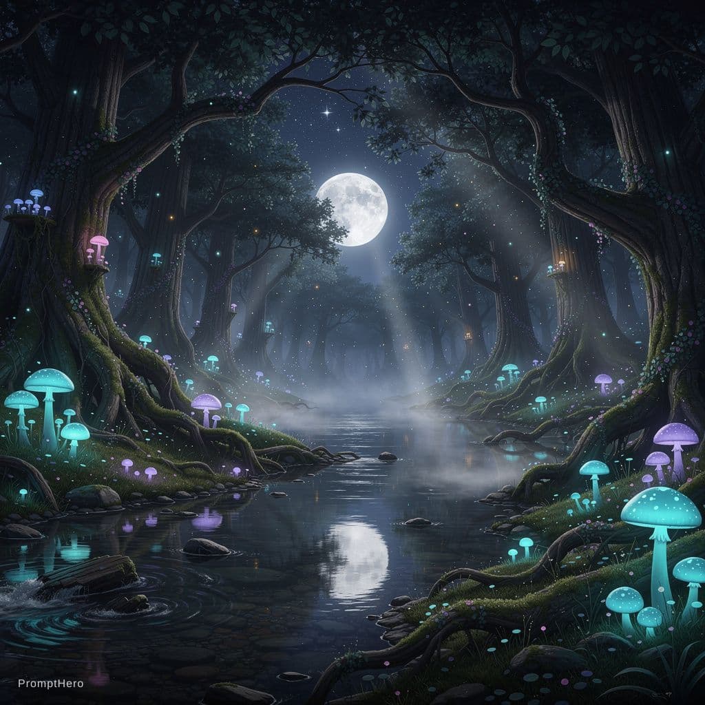 AI generated: Un bosque encantado iluminado por hongos bioluminiscentes, con un río cristalino reflejando la luna ...