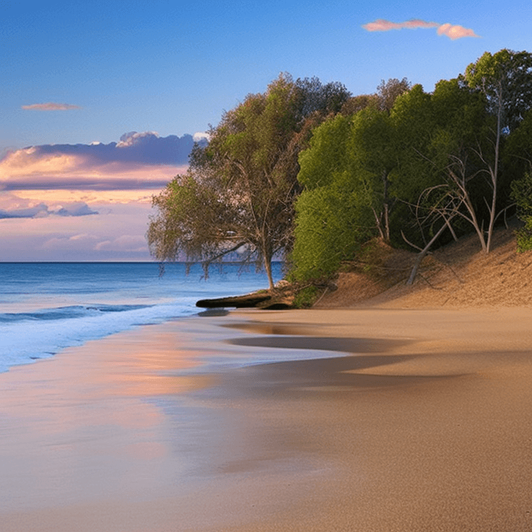 AI generated: oil on canvas, small clouds, smooth beach, willow tree, small rocks, beautiful setting, early evenin...