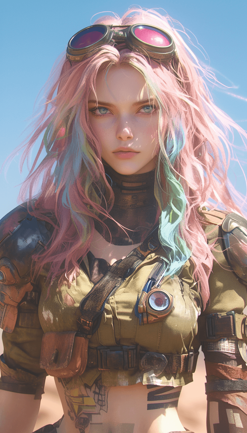 AI generated: female character wearing goggles while sitting in the desert, in the style of cyberpunk imagery, rea...
