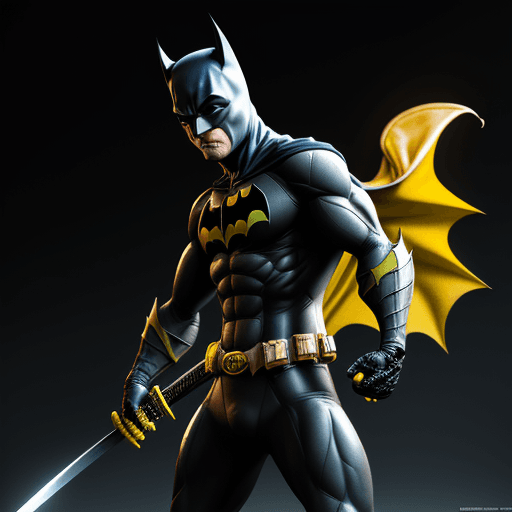 AI generated: chameleon dressed as batman character, yellow suit, he handles a katana in his hands, combat pose, f...