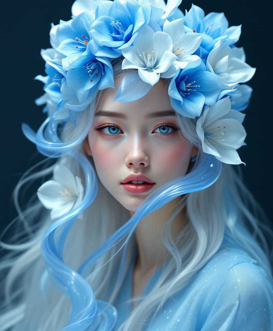 AI generated: Uma jovem de pele clara com cabelos escuros e longos, usando white hanfu envolta em um véu etéreo de...