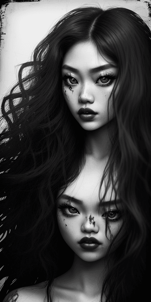 AI generated: black and white, grunge style photograph of ginger female instagram asian model face close up, beaut...