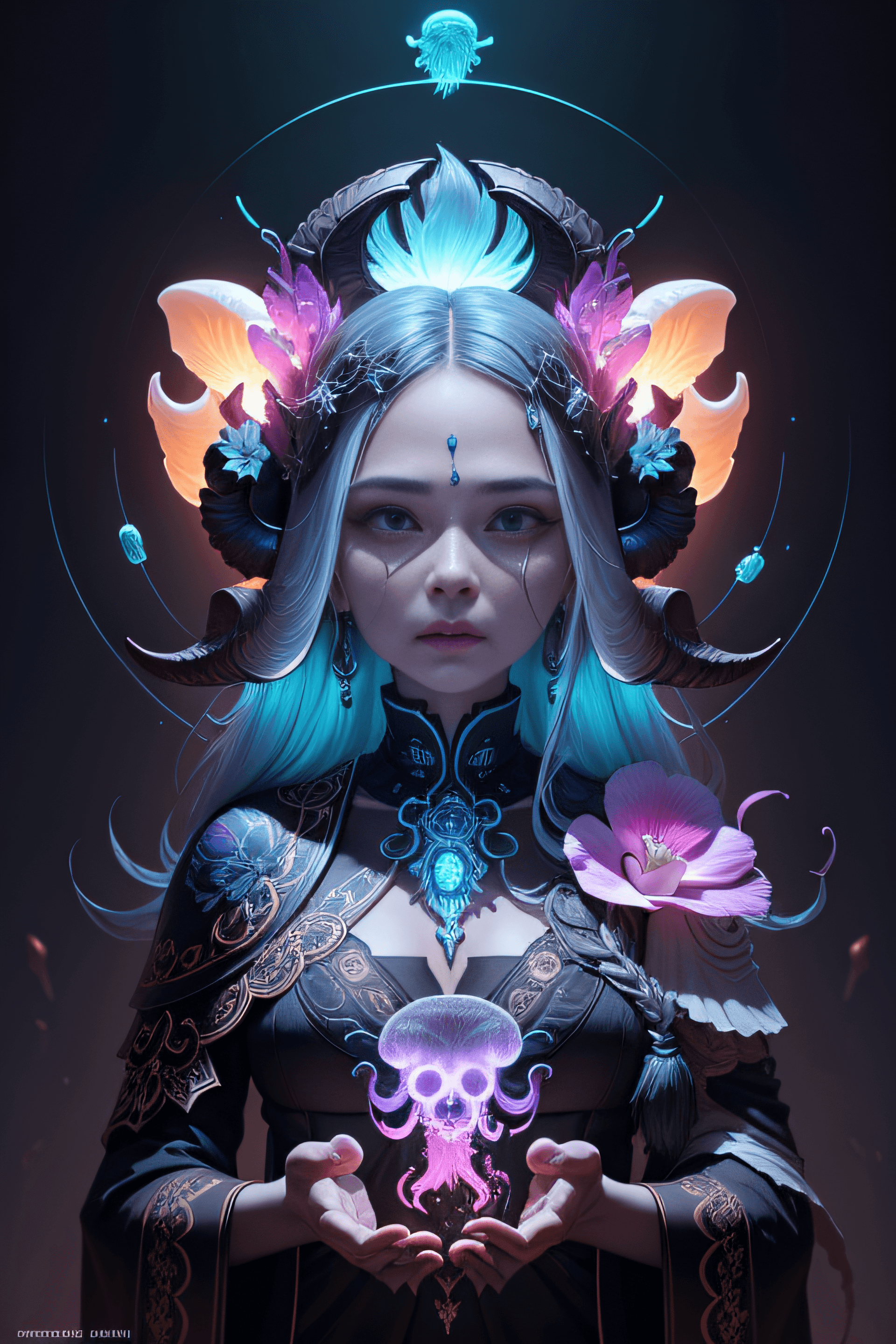 AI generated: goddess portrait skull, ram skull, jellyfish, orchid, betta fish, bioluminescent, intricate artwork ...