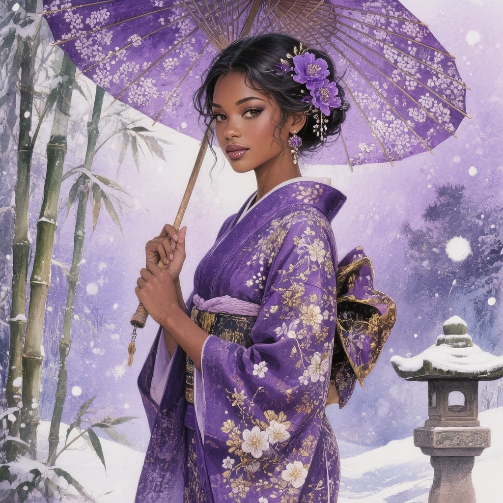 AI generated: A dark-brown-skinned, beautiful Japanese woman wears a deep purple kimono adorned with delicate whit...