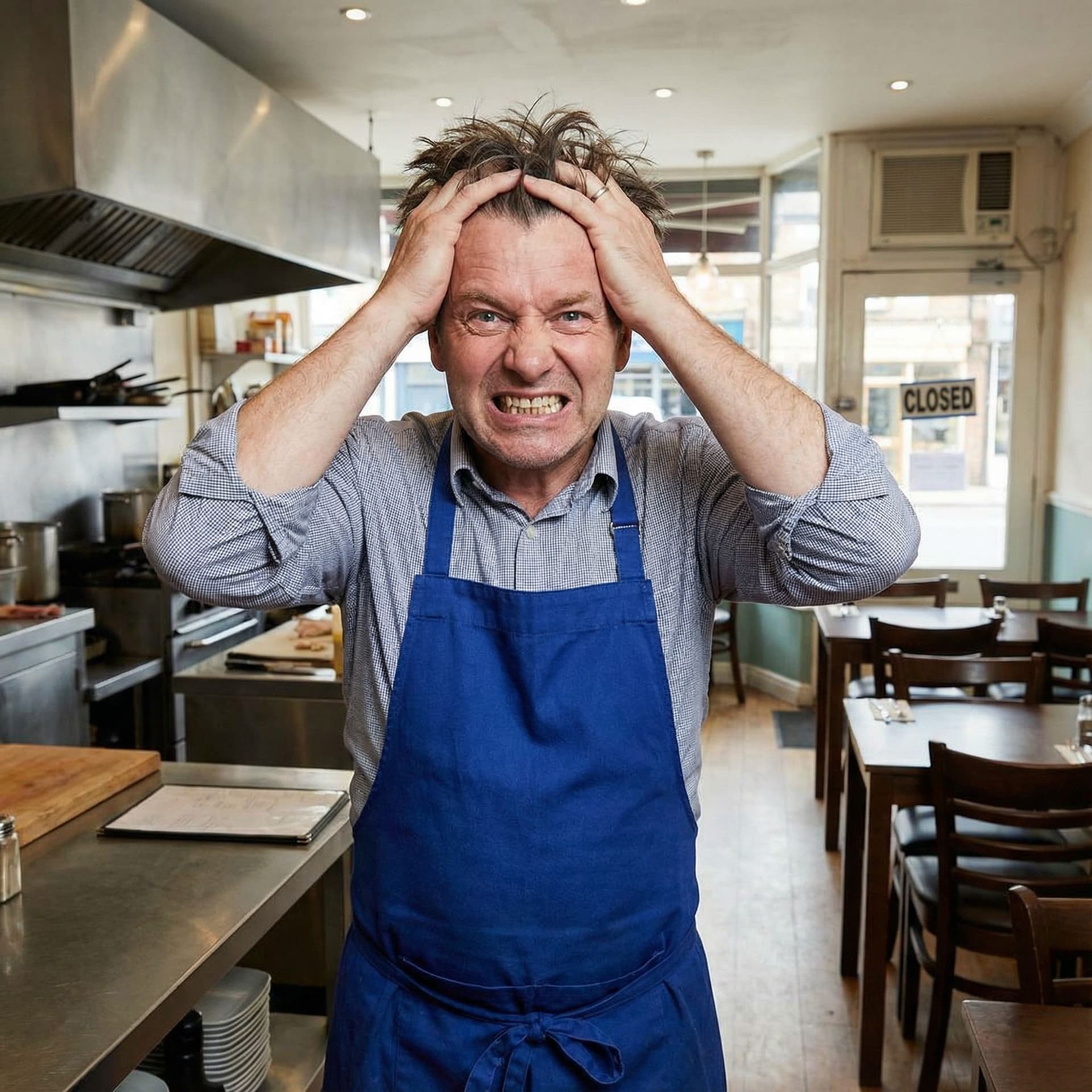 AI generated: Business owner panicking with hands in hair in his restaurant and showing teeth