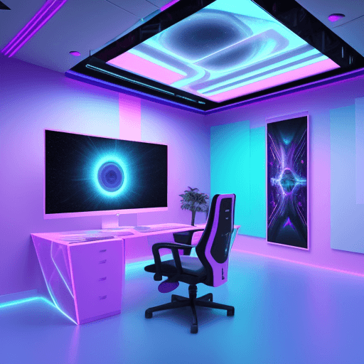 AI generated: Virtual futuristic 3 D corner resembling a digital art studio with floating canvases and image and f...