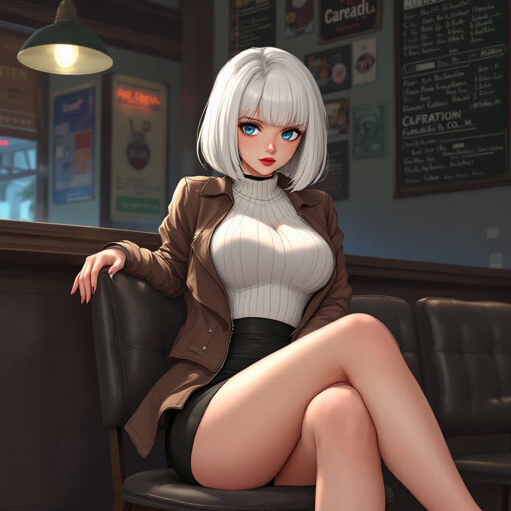 AI generated: anime, woman, white hair, bob cut, blue eyes, freckles, red lips, white sweater, tight sweater, shor...