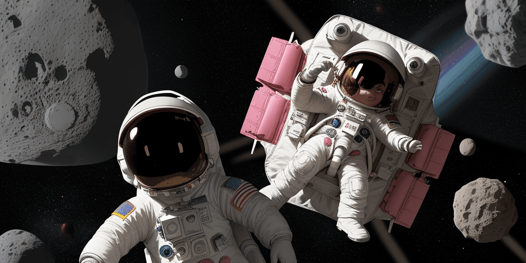 AI generated: The photo should be completely cartoonish. Children in astronaut clothes that fill the entire page a...
