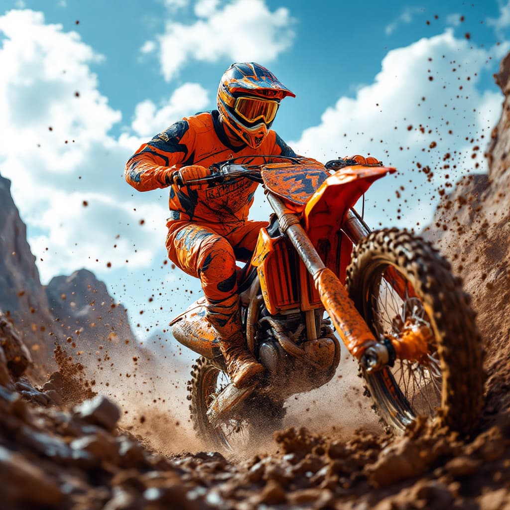 AI generated: Create a highly detailed and dynamic image of a motocross biker riding through a muddy terrain. The ...