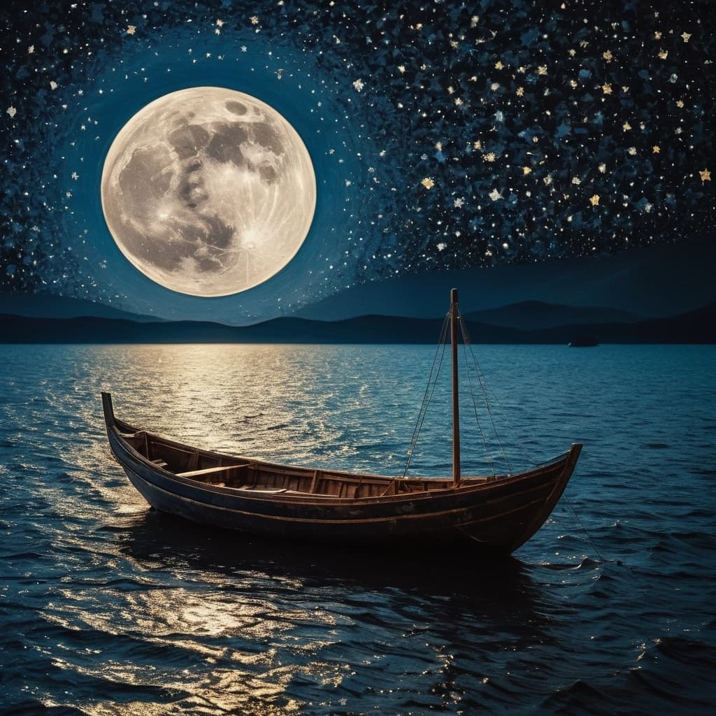 AI generated: The moon, a silver boat, sails through the sea of stars, painting dreams on the night sky, Suffering...
