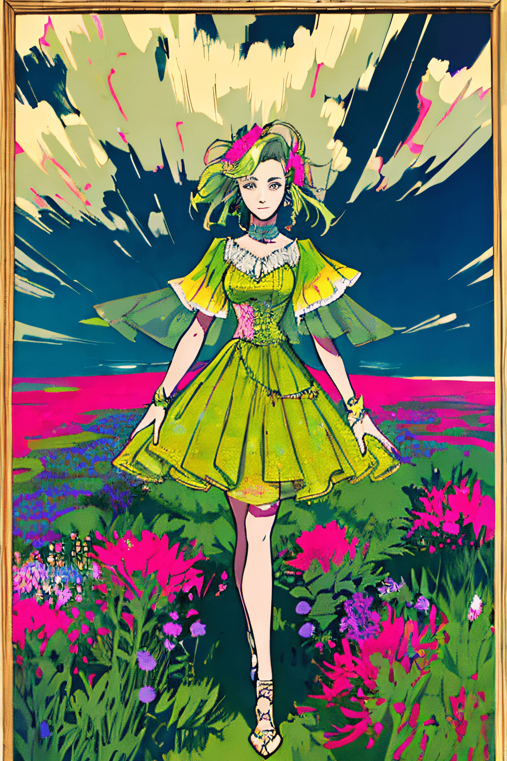 AI generated: kilkenny mix, (best quality, masterpiece) a woman, clouds, southern wildflowers, fashion 90s, muted ...