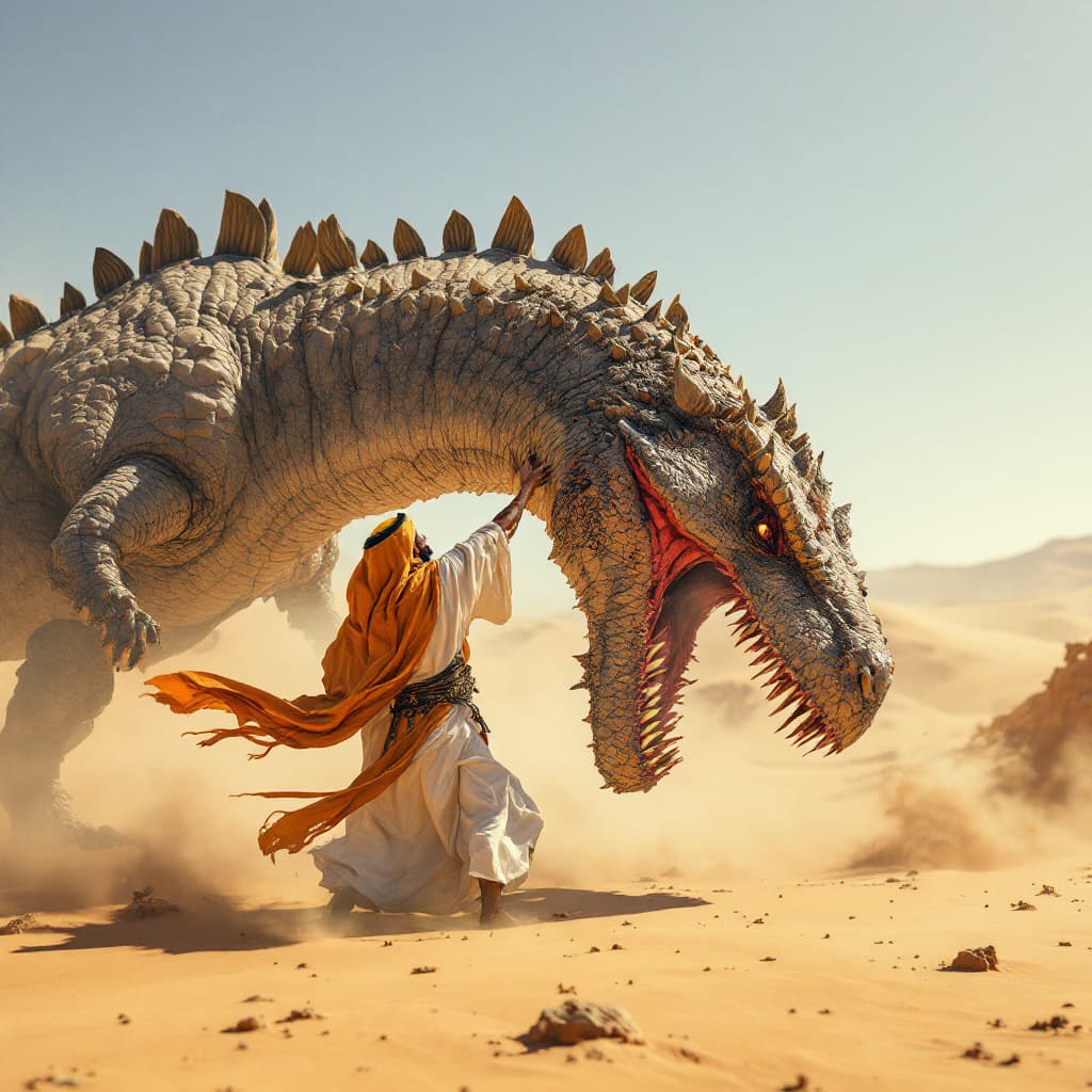 AI generated: Moroccan man with catana fight dinosaur in the desert 