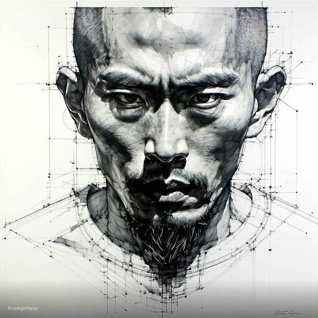 AI generated: portrait of man, pen and ink, intricate line drawings, by craig mullins, ruan jia, kentaro miura, gr...