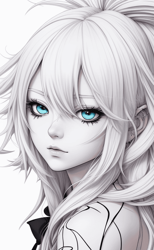 AI generated:  Anime portrait clean line art, black pen line high detail,,wild dynamic white hair, wonderland ,col...