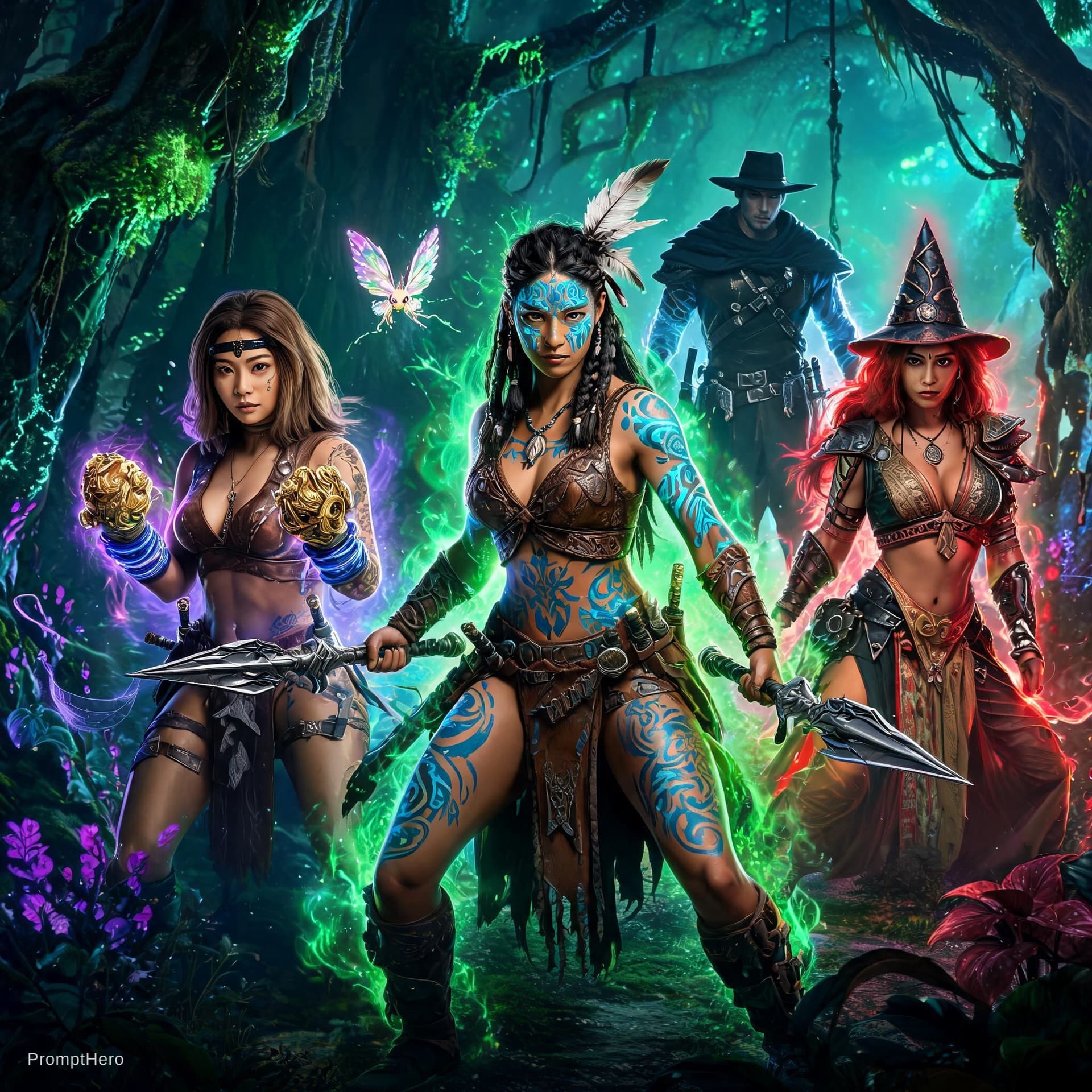 AI generated: Wide Full body shot, 3D character design, in center beautiful Native American warrior woman with bra...