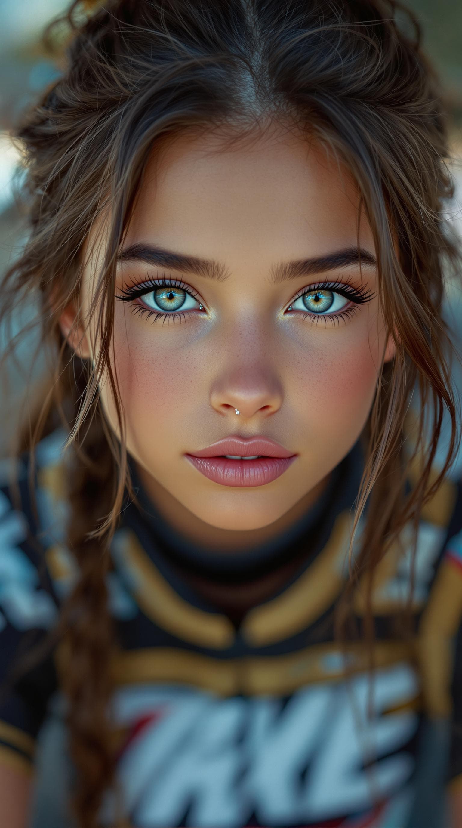 AI generated: A professional portrait of the most stunning 7th-grade girl in the world, a BMX dirt bike racer, dep...