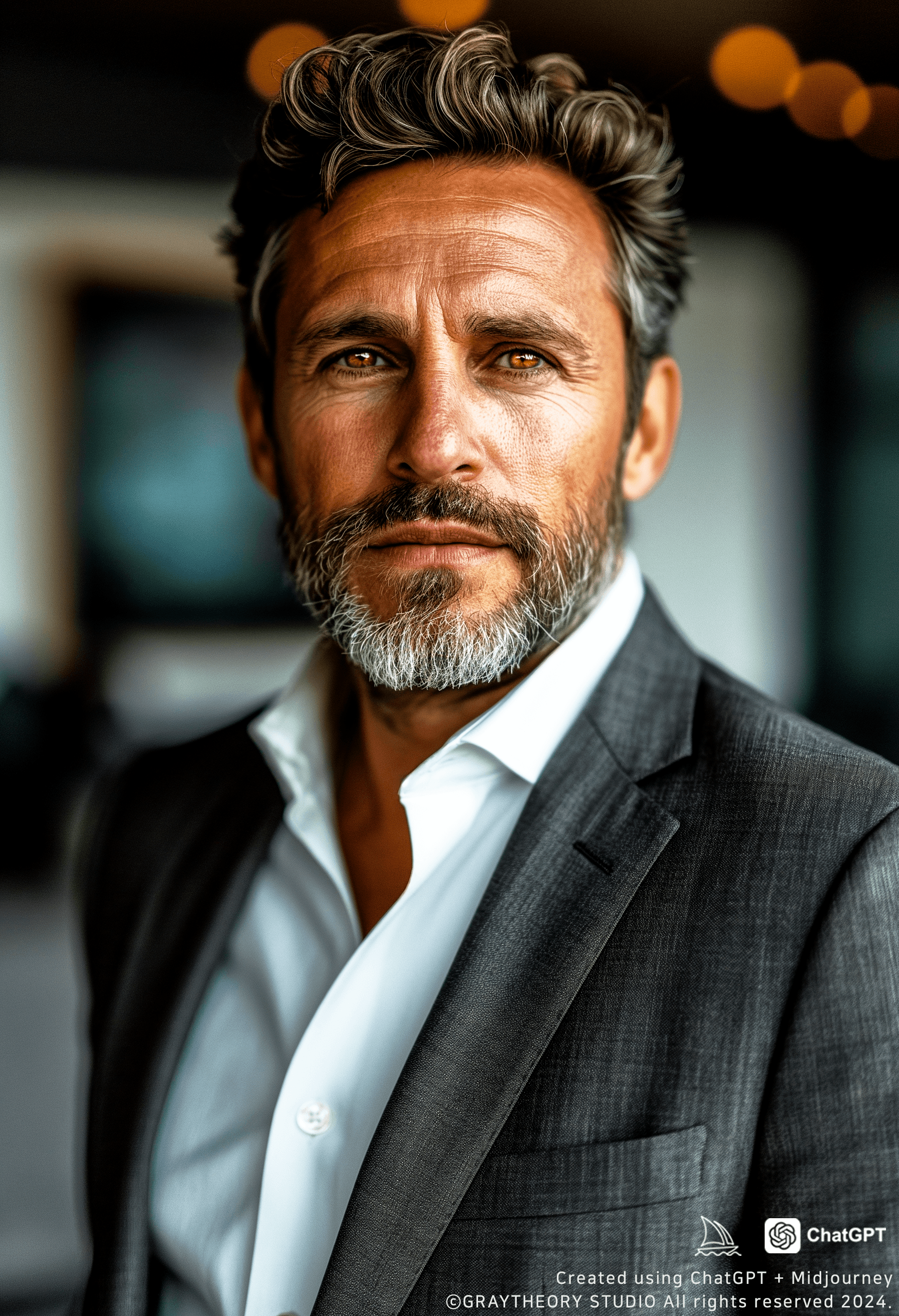 AI generated: Middle-aged male in his 40s, short, neatly combed hair, well-groomed beard, calm expression, deep br...