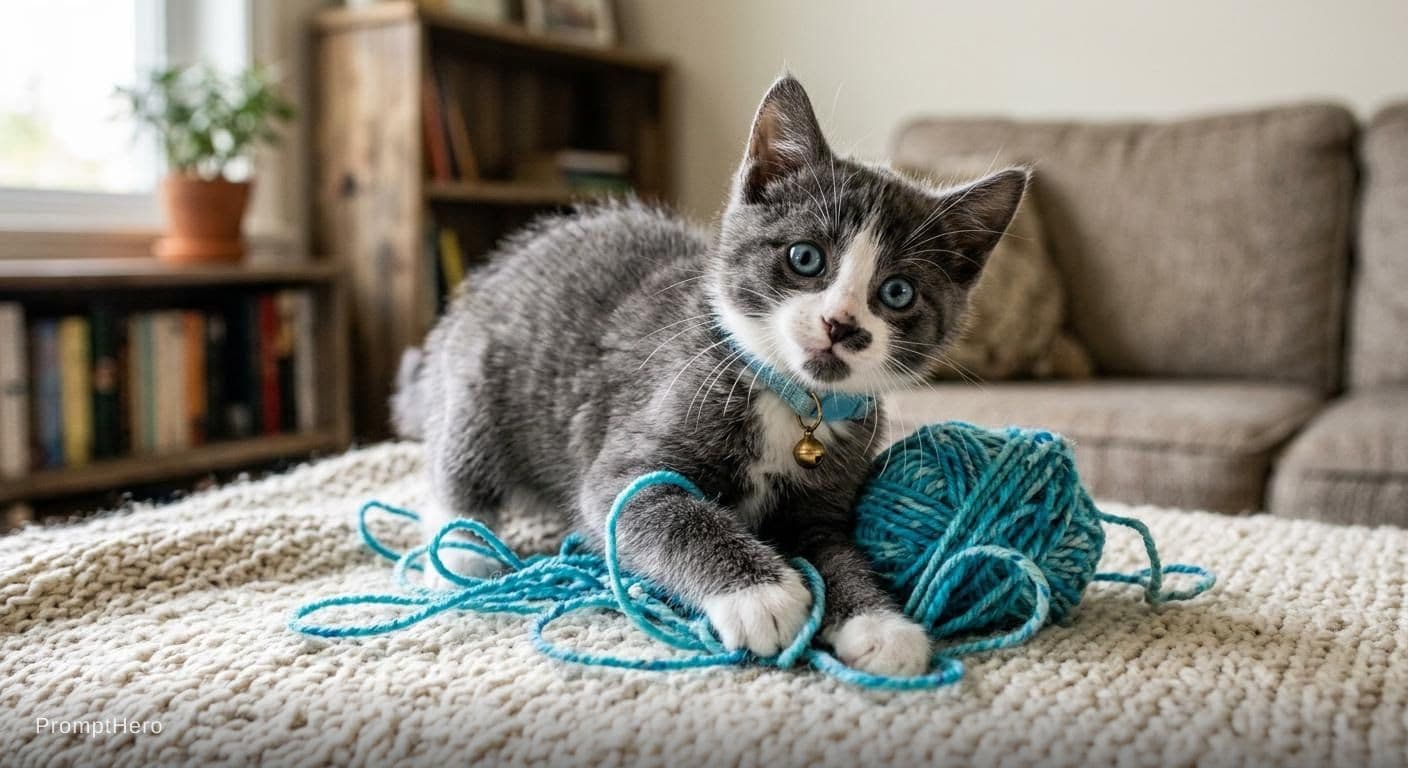 AI generated: A kitten, gray in color with black and white spots on its face. It has blue eyes and long whiskers, ...