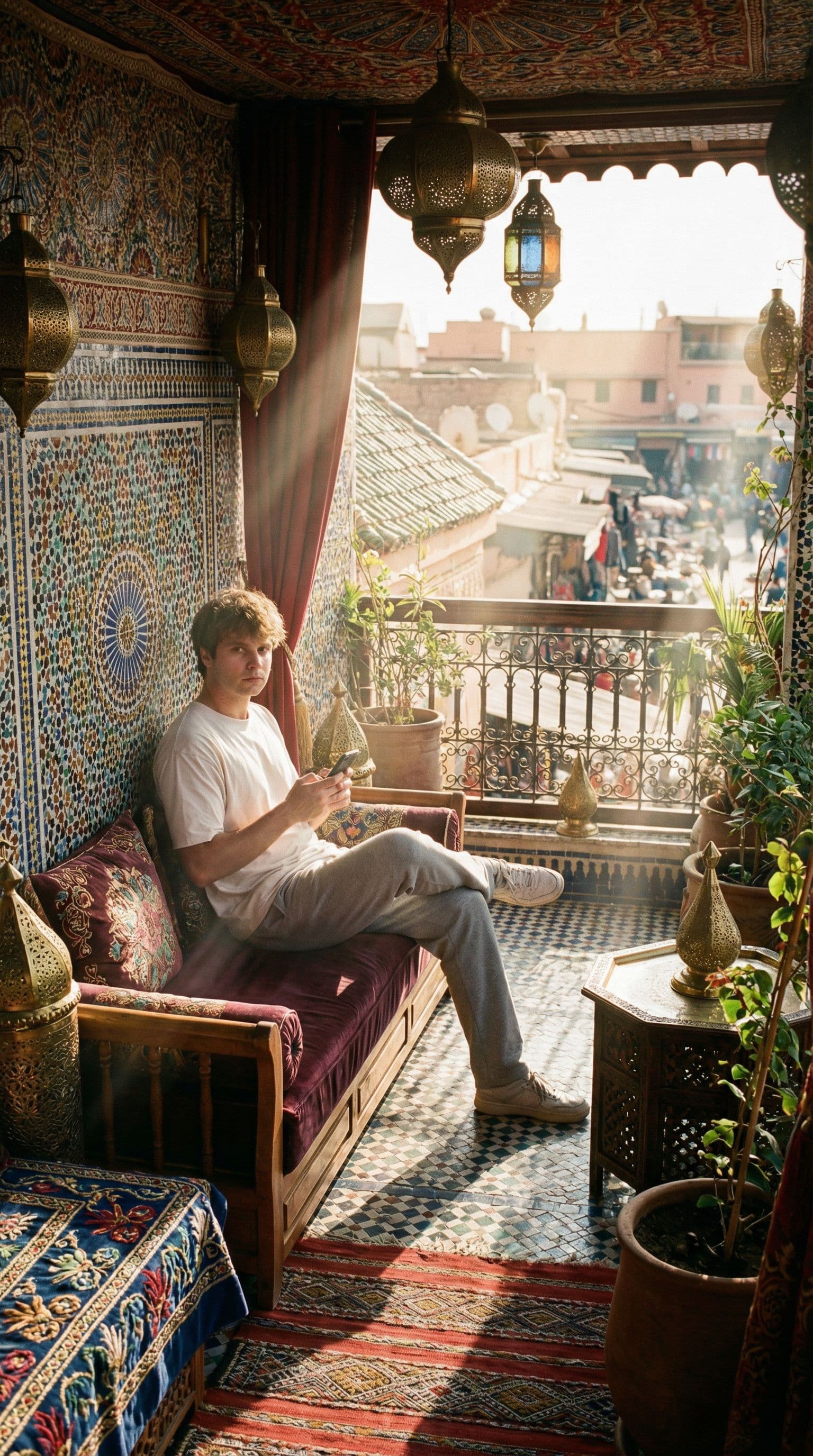 AI generated: Editorial shot of a man attached from image on a balcony in Marrakech. The scene features hypermaxim...