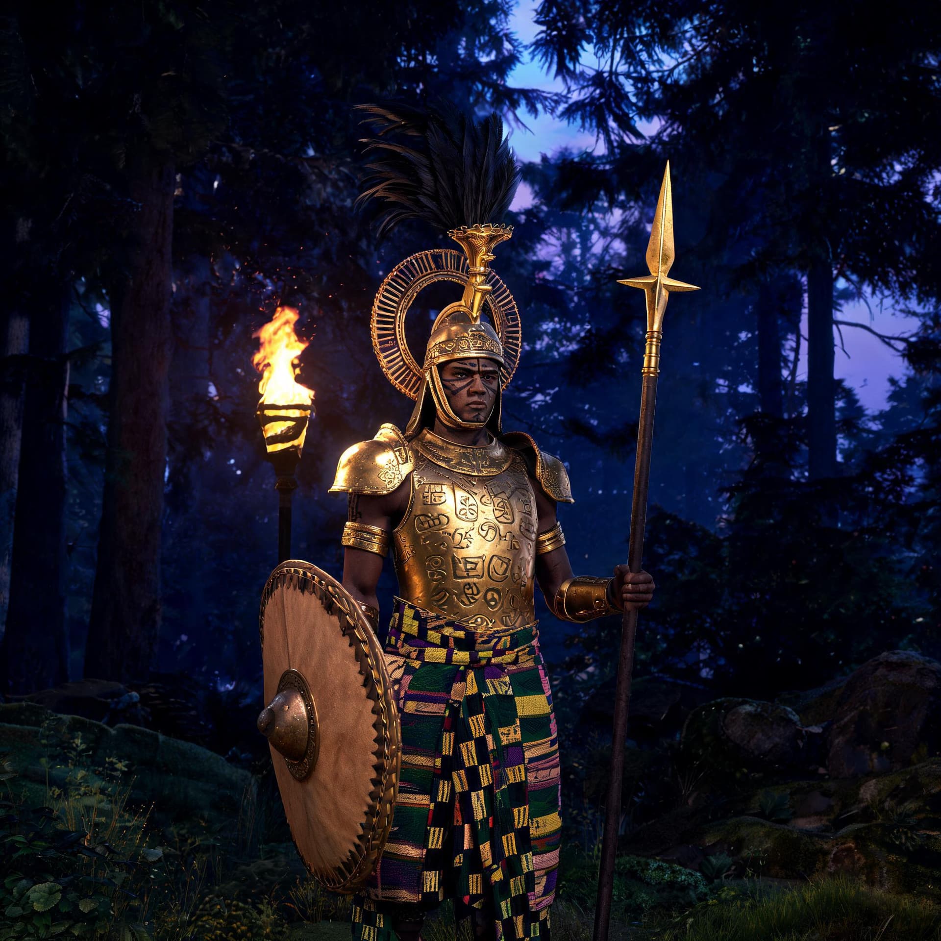 AI generated: A cinematic 16:9 photorealistic portrait of an elite Asante royal guard with Zulu warrior inspiratio...
