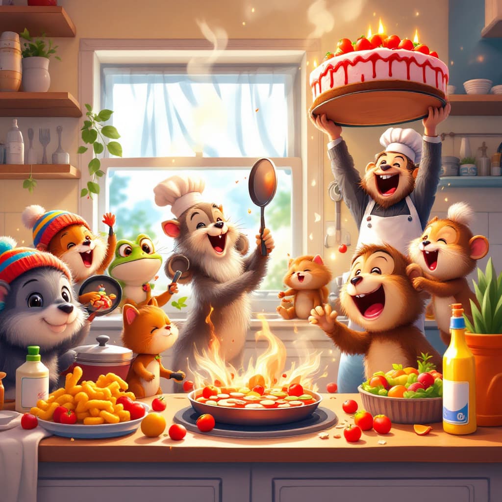 AI generated: A vibrant and energetic kitchen filled with adorable cartoon baby animals joyfully cooking together,...