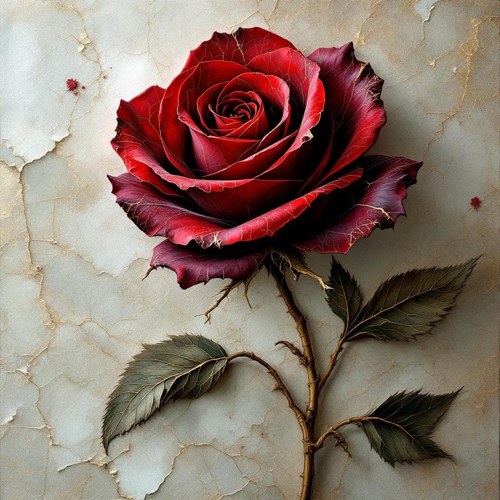 AI generated: A striking red rose, created with layers of hot pigmented wax in the encaustic wax style. Rich and t...