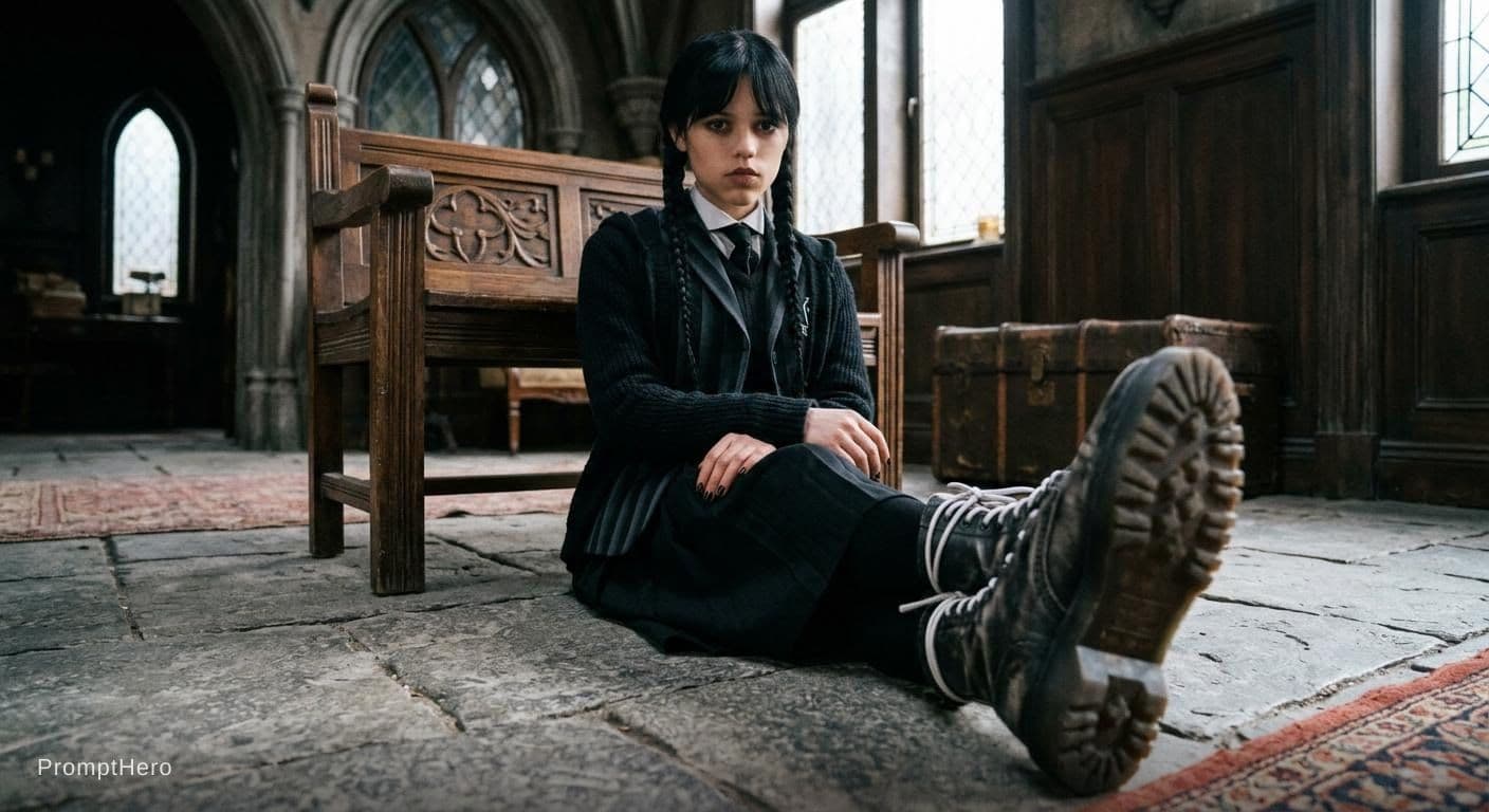 AI generated: Jenna Ortega as wednesday showing her feets to camera closely with straight face.
