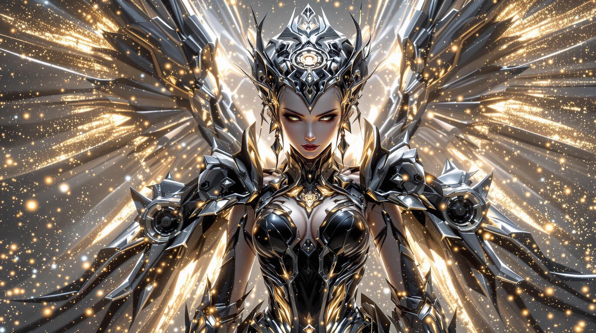 AI generated:  futuristic archangel characters, adorned with intricate, hyper-realistic, perfectly symmetrical win...