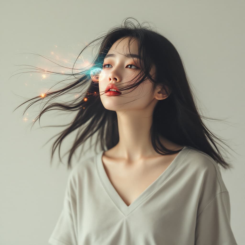 AI generated:  In high definition, trippy, surrealistic, photo of an Asian girl with long hair blowing in the win,...