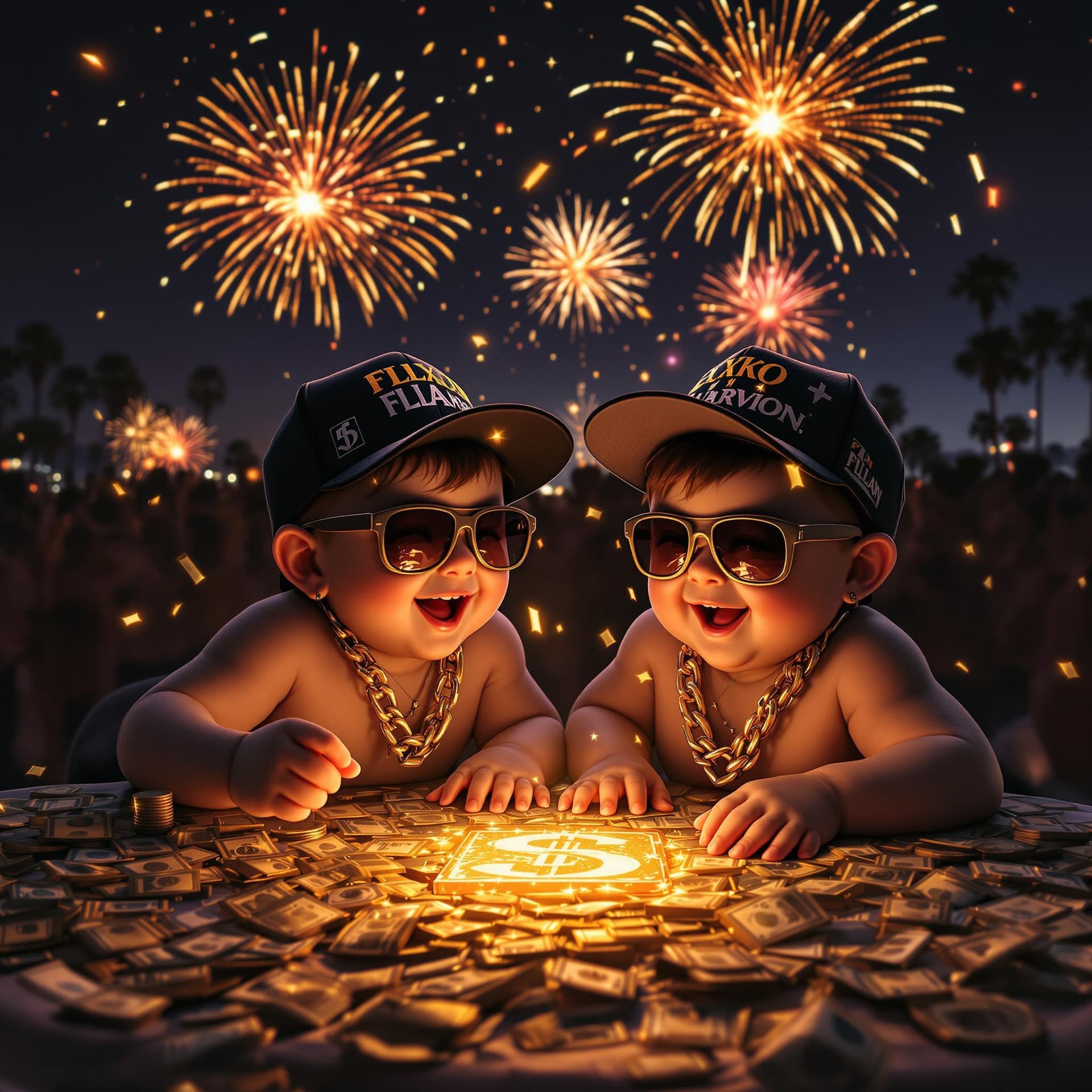 AI generated: TWO LITTLE FAT MEXICAN WHITE 4 YEAR OLD BABYBOYS WITH SUNGLASSES SITTING ON THE TABLE, FULL OF JOY, ...
