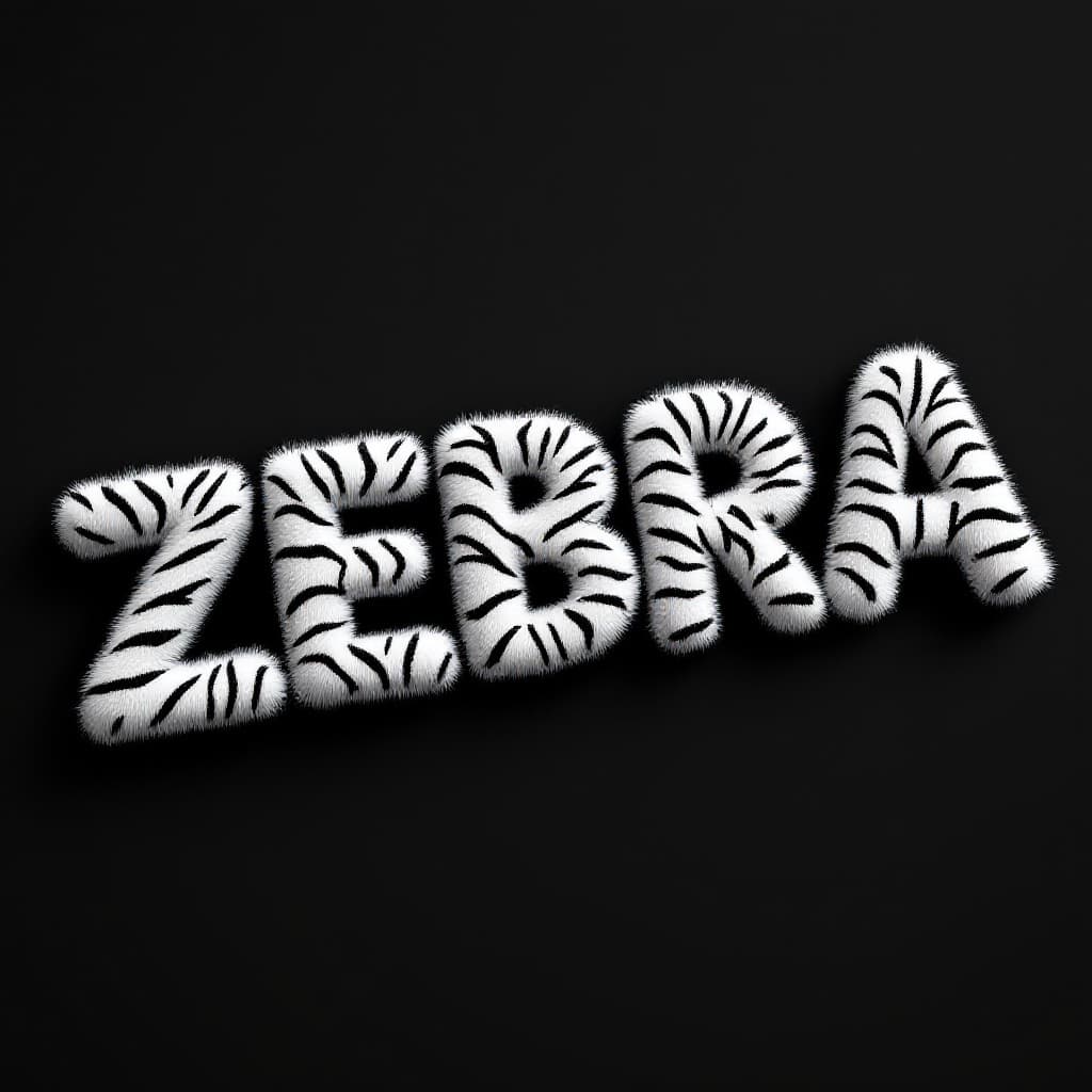 AI generated: The word 'ZEBRA' made of fluffy, soft material patterned with realistic zebra stripes. The text is 3...