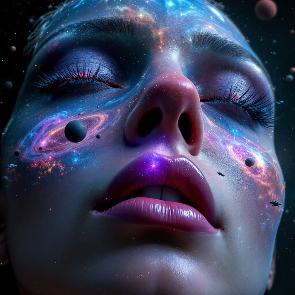 AI generated: close up of an enormous giantess floating in space's nostrils, minuscule galaxy in front of her mout...