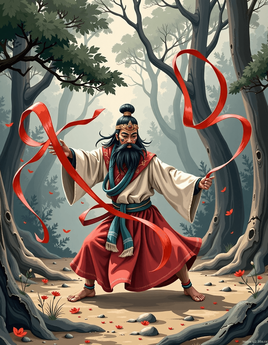 AI generated: "A Korean shaman conducting a ritual dance, ribbons and masks moving in a stormy forest, dynamic bru...