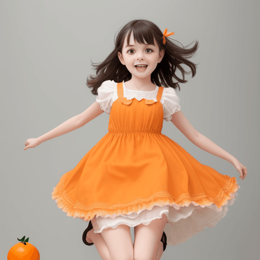 AI generated: A girl wearing a cute dress, taking a photo shoot, holding an orange in her right hand, jumping a li...