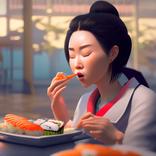 AI generated: woman eating sushi, thick coating style, highest quality, perfect masterpiece, perfect art, 8K, unre...