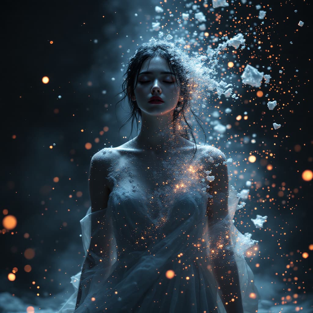 AI generated: An epic and realistic scene of a woman dissolving into pieces, captured in a breathtaking moment of ...