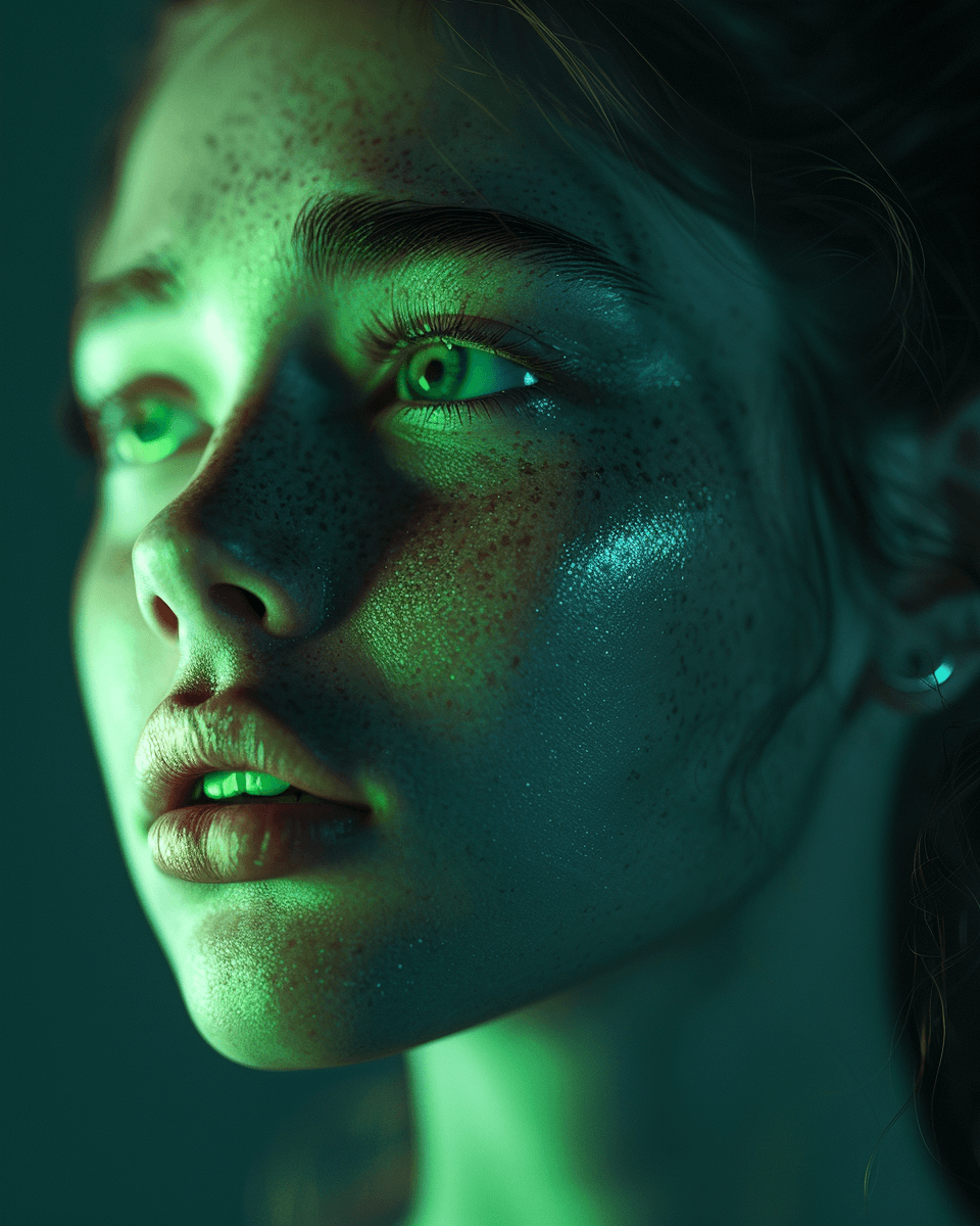 AI generated: a girl looking around in a light, in the style of dark cyan and green, photographically detailed por...