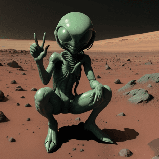 AI generated: Alien on mars shows the peace sign 