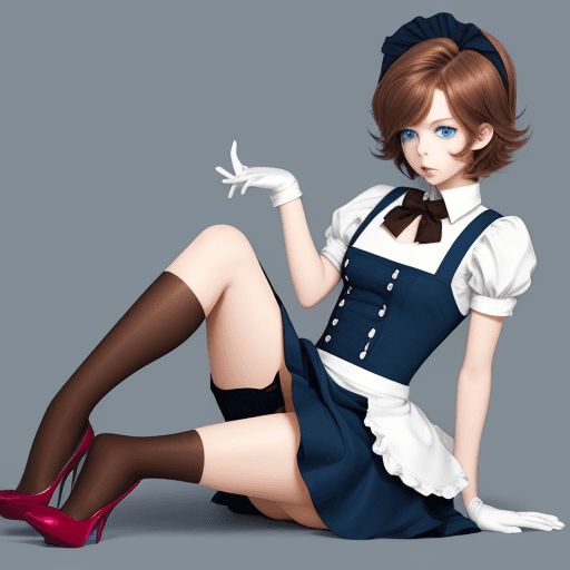 AI generated: anime, femboy, boy that looks like a girl, brown hair, blue eyes, high heels, maid