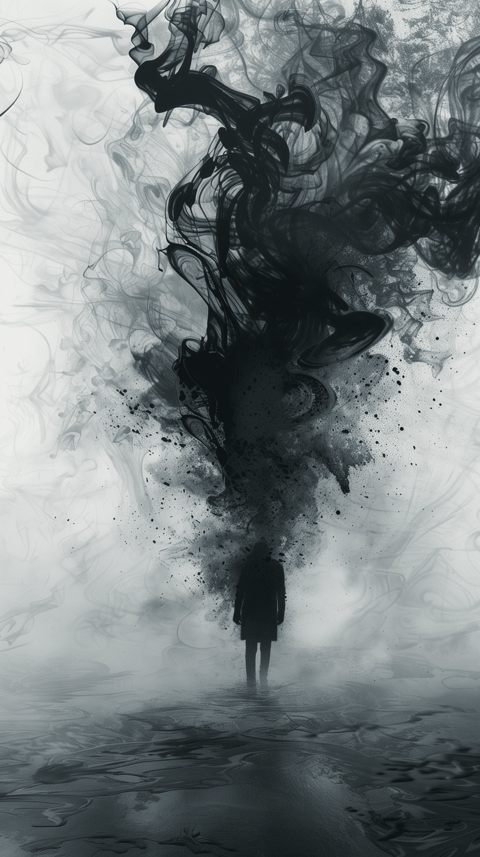 AI generated: create an eerie, enveloped in dark, swirling tendrils of smoke and shadow, reminiscent of a stormy n...
