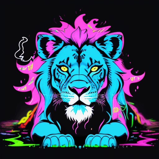 AI generated: bold neon colors, cartoon style illustration of a lazy lion as sees the world while experiencing hal...