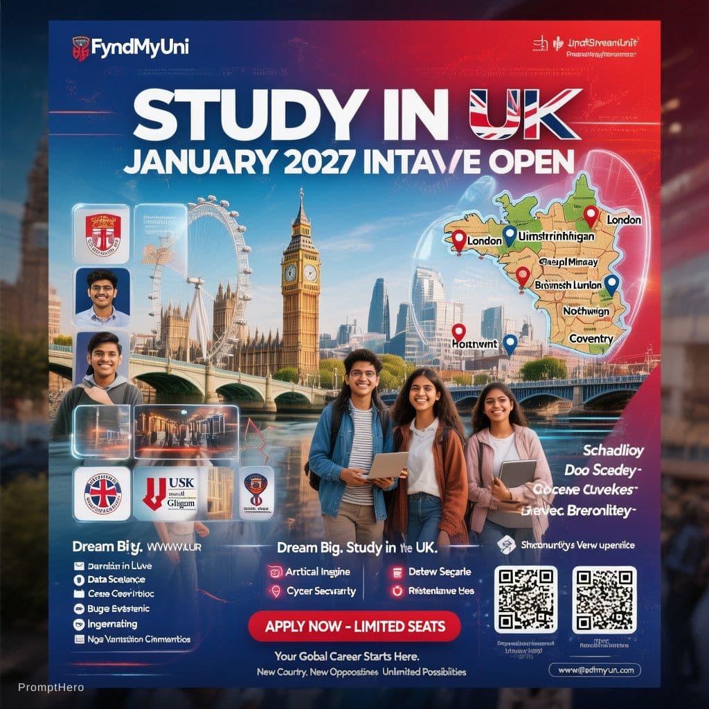 AI generated: Create a premium 1:1 square Instagram poster for “Study in UK – January 2027 Intake Open” for an ove...