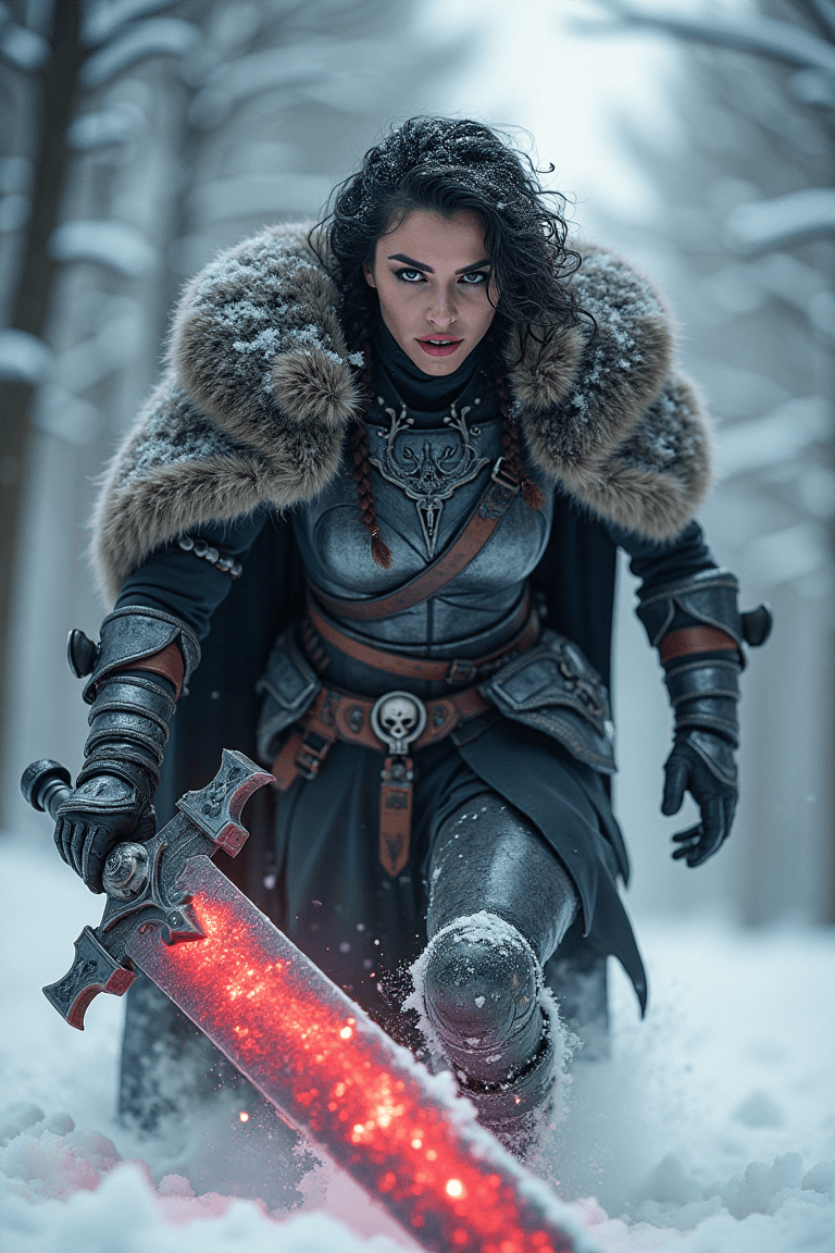 AI generated: Frozen Fray: A barbarian warrior, encased in battered black chrome armor, charges forward amidst a b...