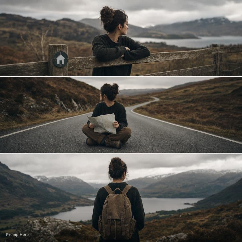 AI generated: {"type":"cinematic 3-frame sequential film stills","style":"ultra-realistic, moody, natural light, s...
