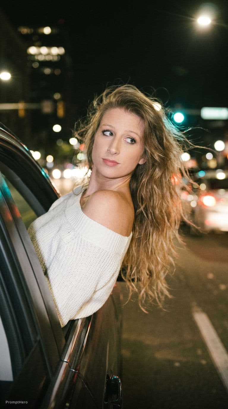 AI generated: Create a photo of me leaning my back out the window car like a dark dreamy blurry vintage windy

nig...