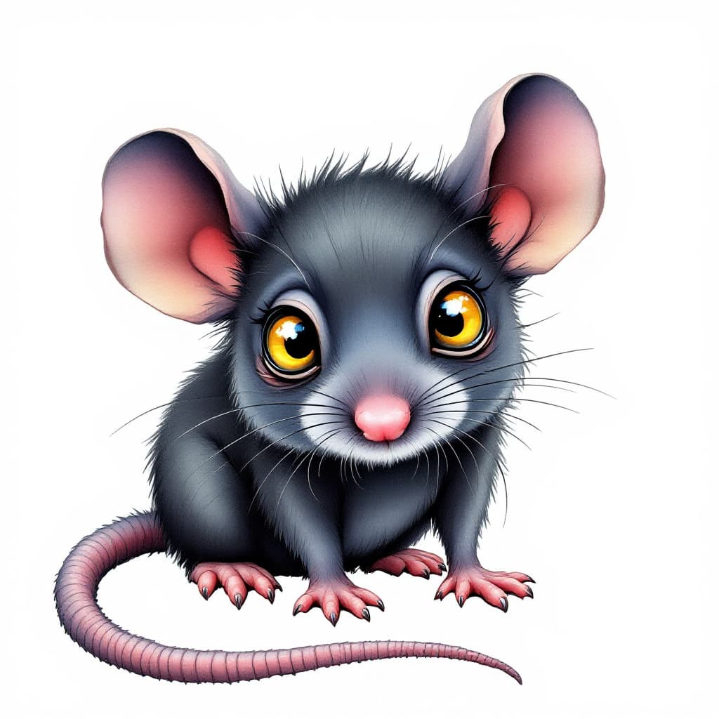 AI generated: Awesome colorful illustration, cute black baby rat, big yellow eyes , white background, watercolor, ...