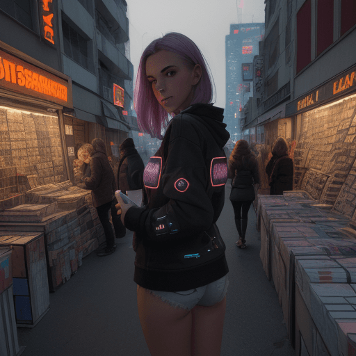 AI generated: plan frontal, 1 fille, canadienne, peau pâle, 25 ans, (à genoux) , par terre, rue cyberpunk la nuit,...