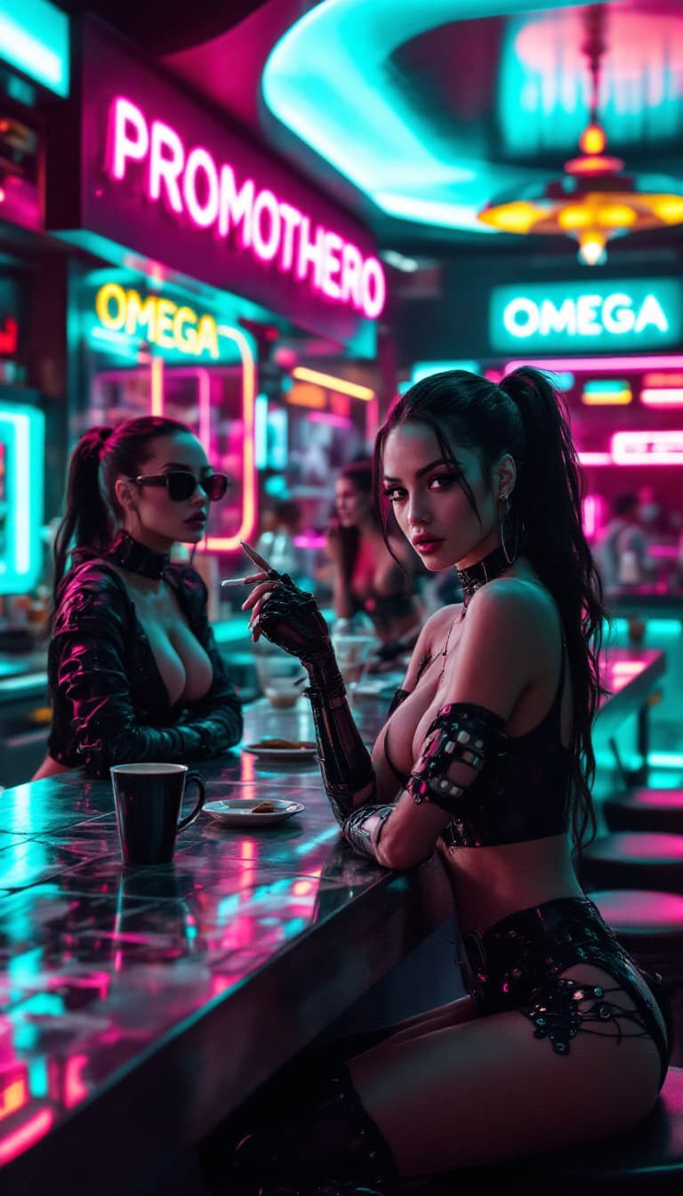 AI generated: Several beautiful women are sitting at the counter of a futuristic cyberpunk bar, wearing stylish cl...