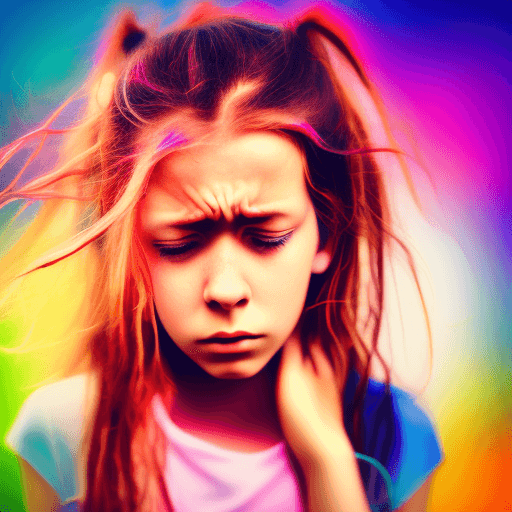 AI generated: Close-up photo of a worried girl, with messy hair, hands on forehead, looking far, vibrant colors, d...
